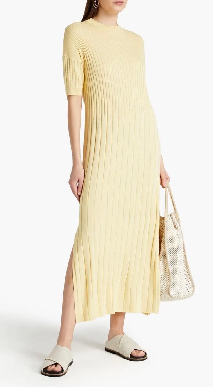 NAADAM Silk Cashmere Novelty Ribbed Short Sleeve  Midi Dress Pale Yellow Small